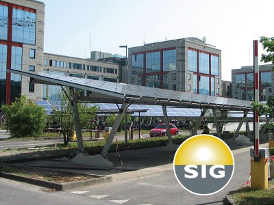 Schweiz - DER solarcarport energy parking mit 400 kw-anlage für S.I.G., den netzbetreiber der stromproduktion in der schweiz